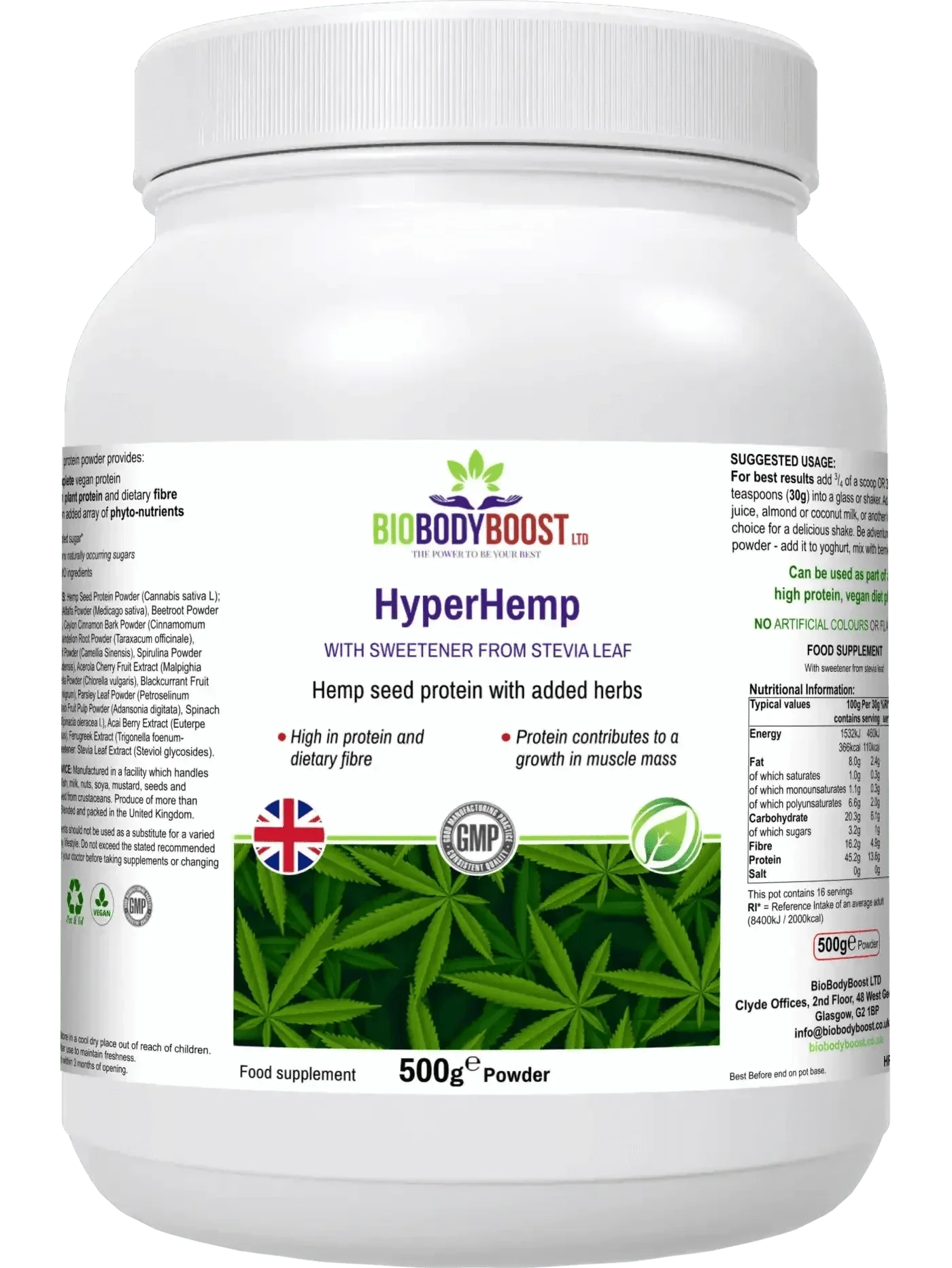 HyperHemp Vegan Hemp Protein Powder – 500 g | Plant‑Based, High Protein, UK‑Made