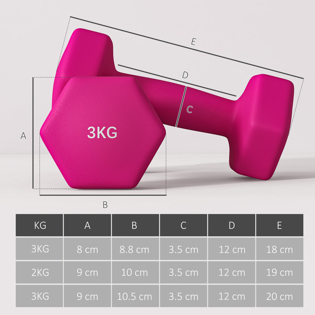 SPORTNOW Set of 6 Hex Dumbbells, Weights Pair with Non-Slip Grip for Home Gym 2 x 3kg, 2 x 4kg, 2 x 5kg in Pink, Purple and Green