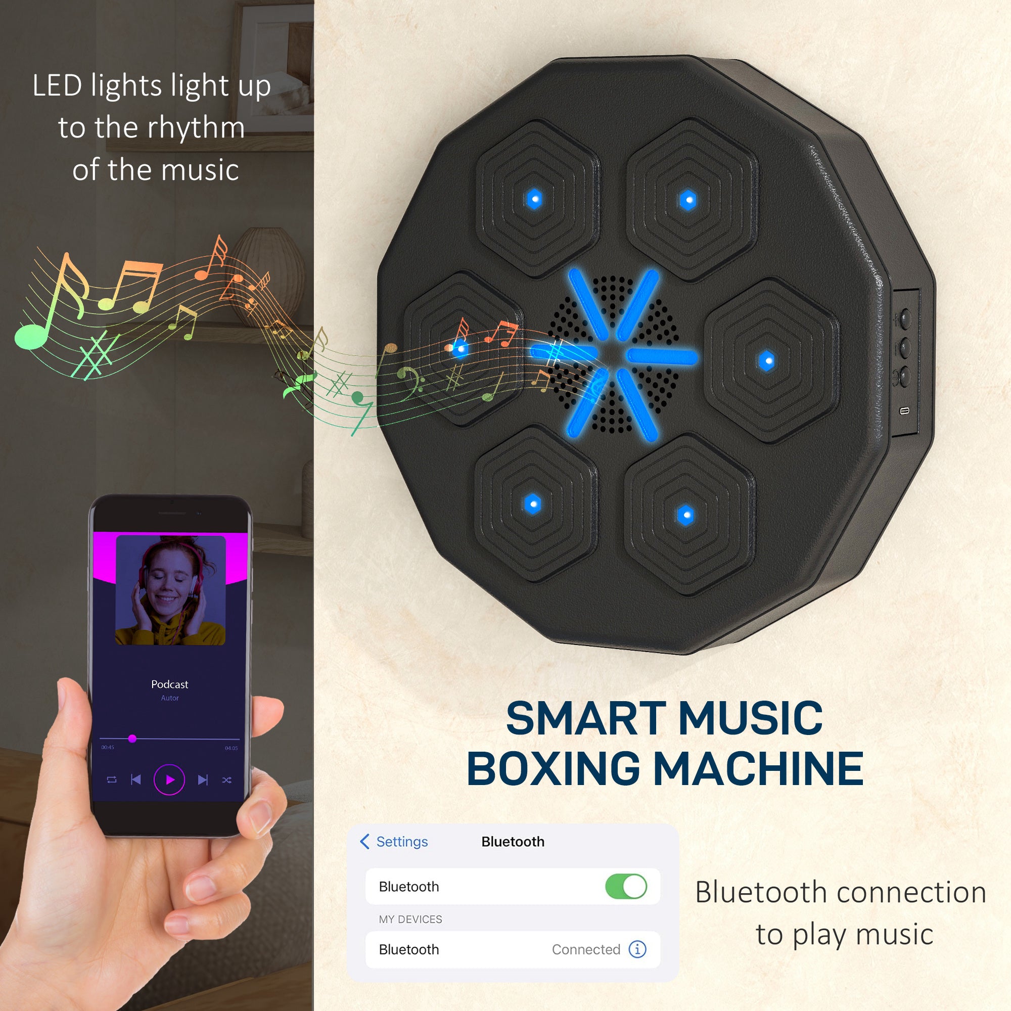 SPORTNOW Musical Boxing Machine with Bluetooth Connection and LED Light Smart, Wall Mounted