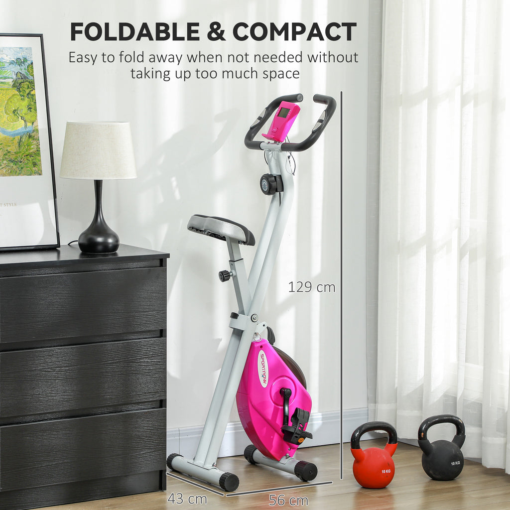 SPORTNOW Folding & Quiet Exercise Bike with 8-Level Magnetic Resistance and Heart-Rate Sensor for Home Gym, Pink and White