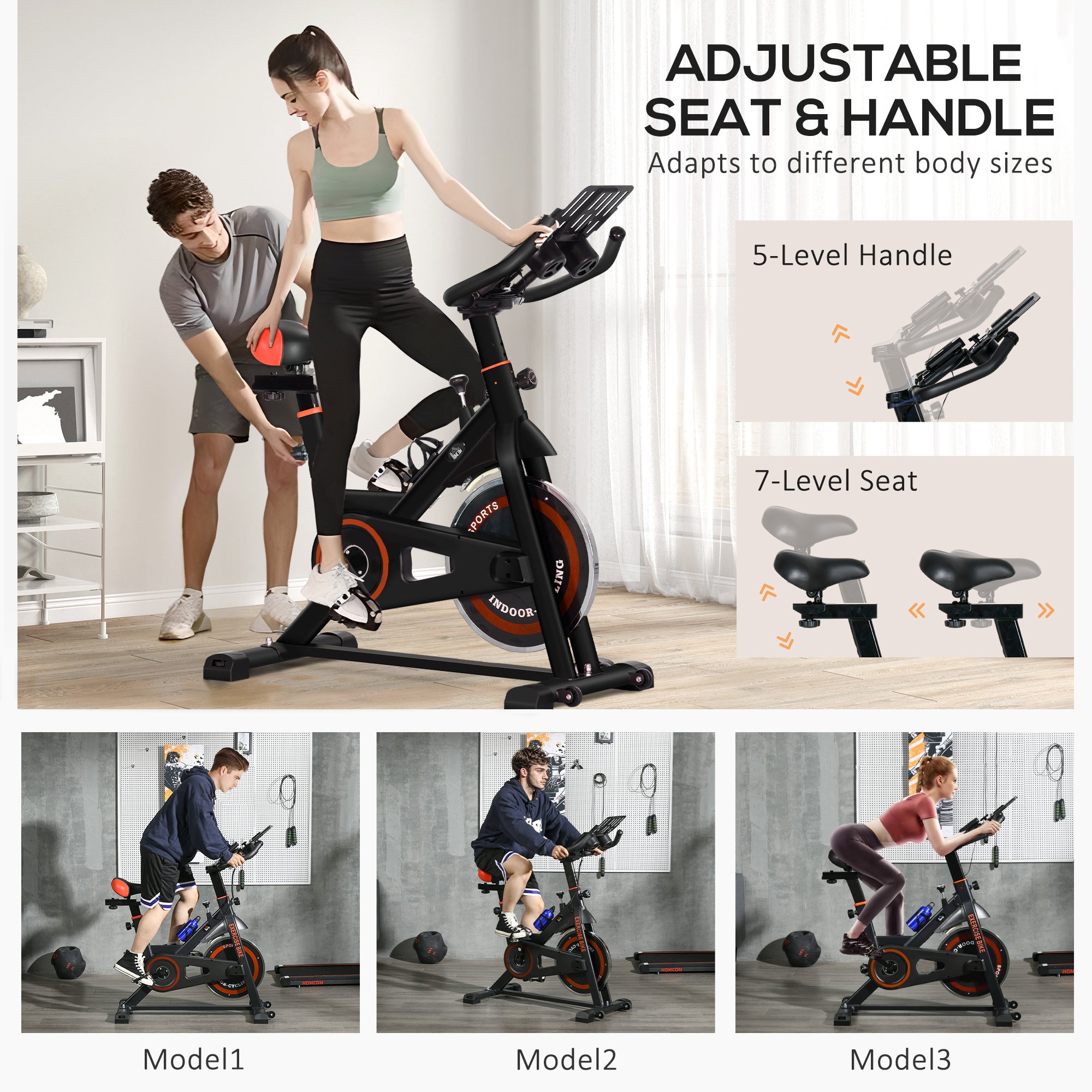 HOMCOM Black Exercise Bike, 8kg Flywheel Stationary Bike Indoor Cycling Machine with Adjustable Resistance Seat Handlebar