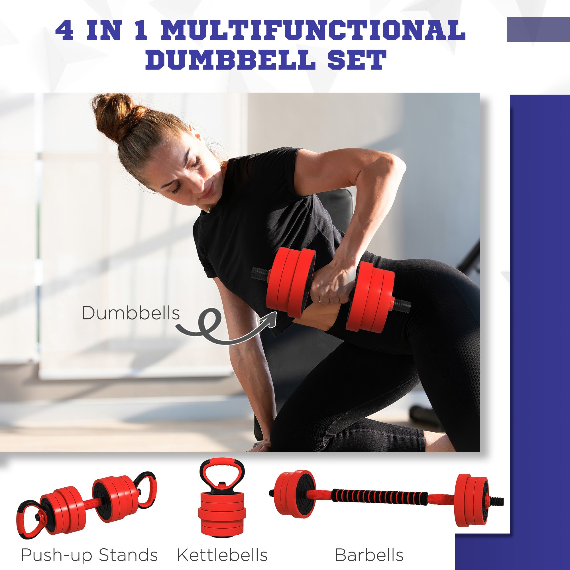 SPORTNOW 20kg Four-In-One Adjustable Weight Dumbbells Set, Barbell, Kettlebell, Push Up Stand in Red