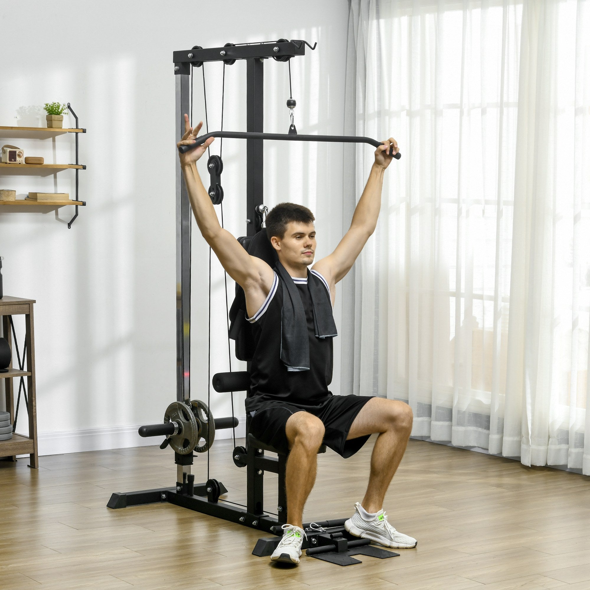Pull Up Station with Adjustable Seat, Power Tower for Chin up  and Lat Pulldown Exercises, Multi-Function Fitness Equipment with Flip-Up Footplate, for Home Gym in Black by SPORTNOW