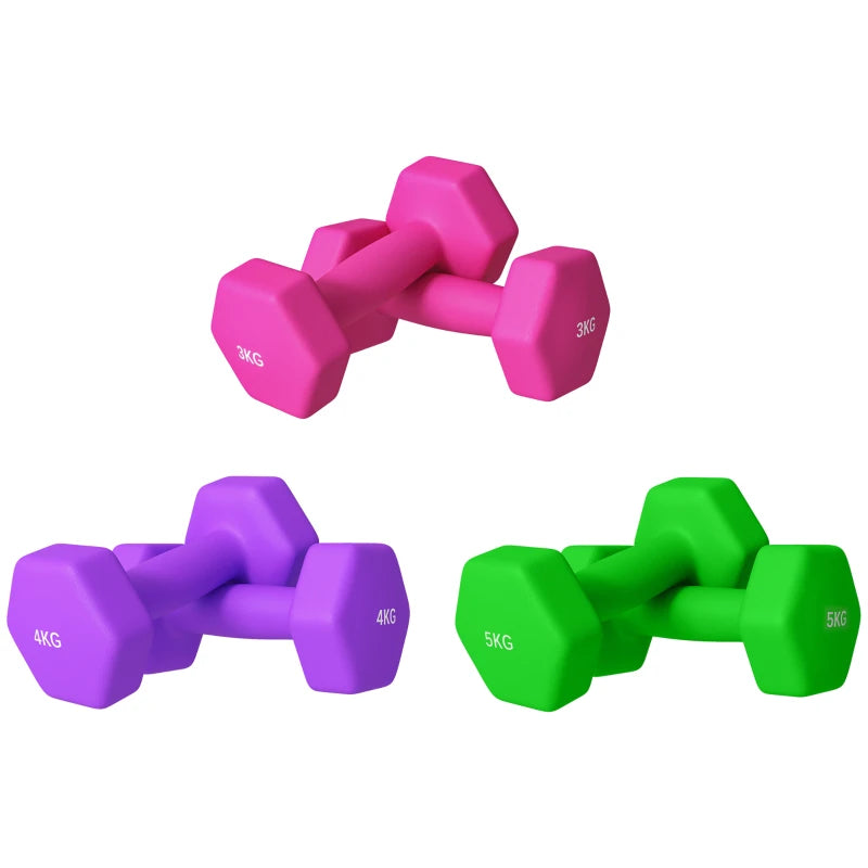 SPORTNOW Set of 6 Hex Dumbbells, Weights Pair with Non-Slip Grip for Home Gym 2 x 3kg, 2 x 4kg, 2 x 5kg in Pink, Purple and Green
