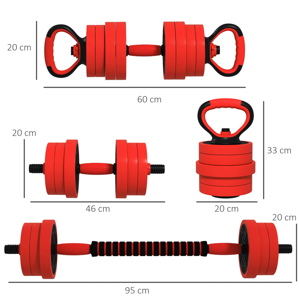 SPORTNOW 20kg Four-In-One Adjustable Weight Dumbbells Set, Barbell, Kettlebell, Push Up Stand in Red