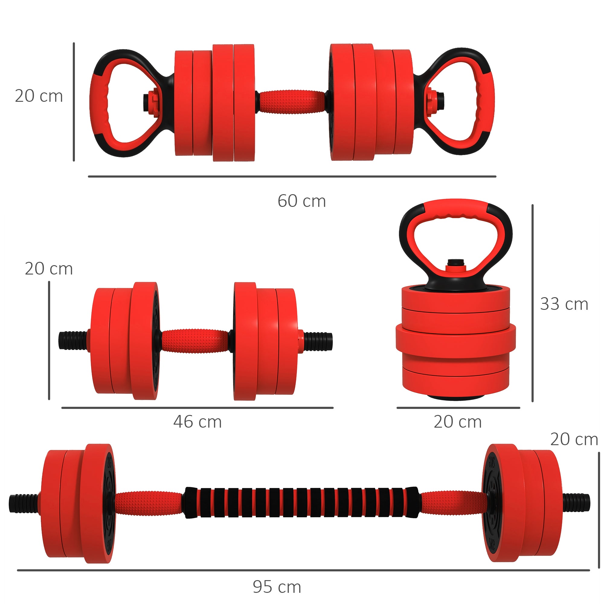 SPORTNOW 20kg Four-In-One Adjustable Weight Dumbbells Set, Barbell, Kettlebell, Push Up Stand in Red