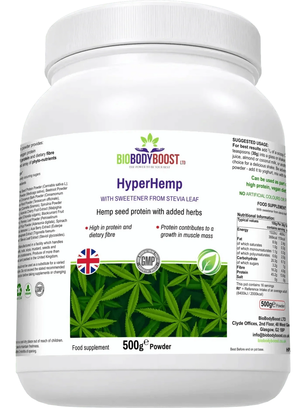 HyperHemp Vegan Hemp Protein Powder – 500 g | Plant‑Based, High Protein, UK‑Made