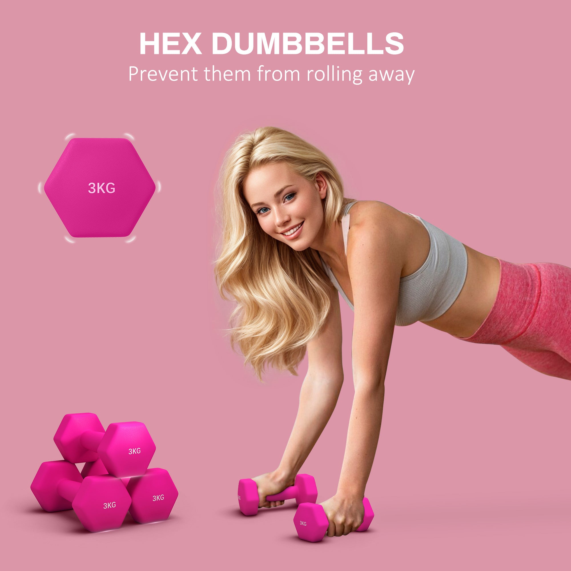 SPORTNOW Set of 6 Hex Dumbbells, Weights Pair with Non-Slip Grip for Home Gym 2 x 3kg, 2 x 4kg, 2 x 5kg in Pink, Purple and Green