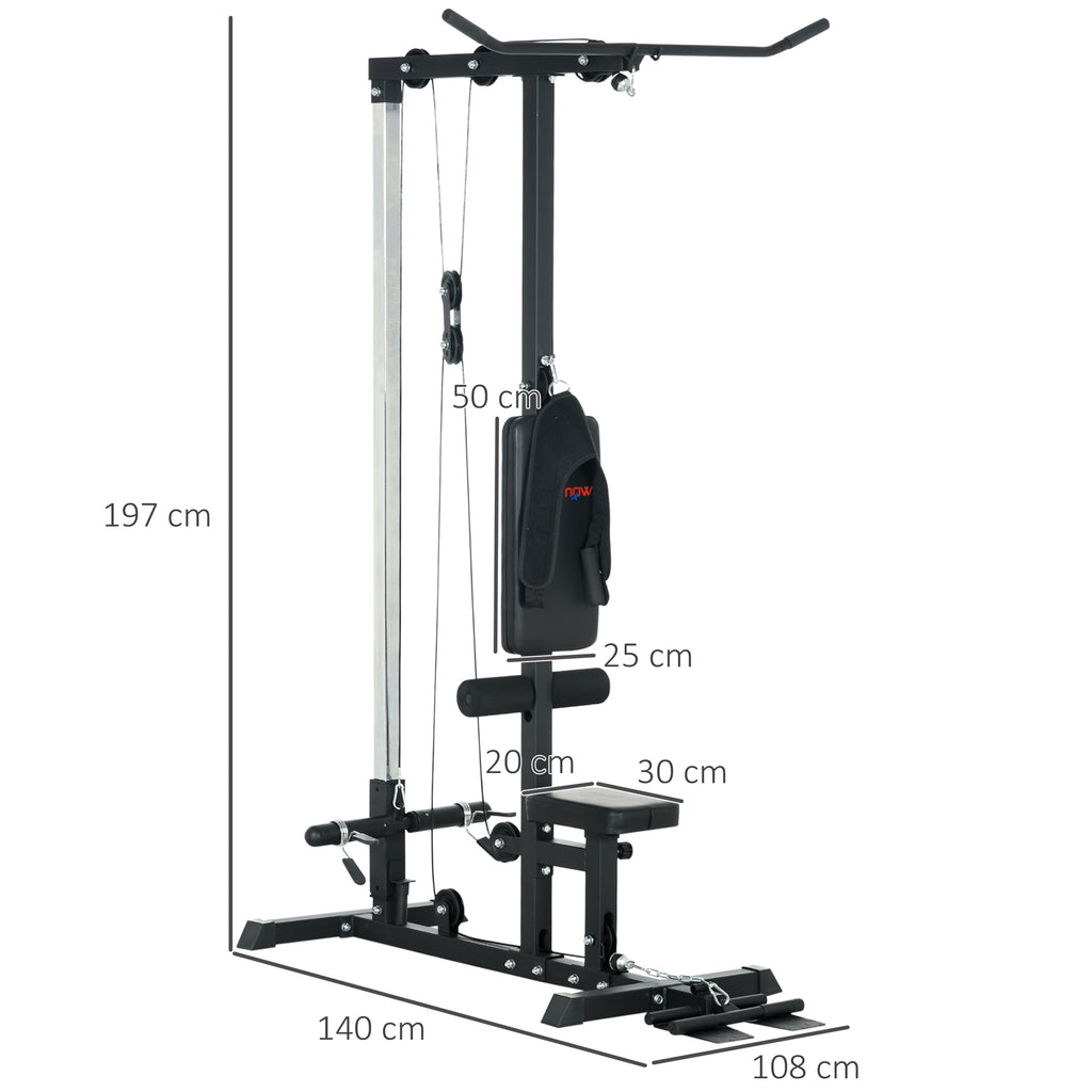 Pull Up Station with Adjustable Seat, Power Tower for Chin up  and Lat Pulldown Exercises, Multi-Function Fitness Equipment with Flip-Up Footplate, for Home Gym in Black by SPORTNOW