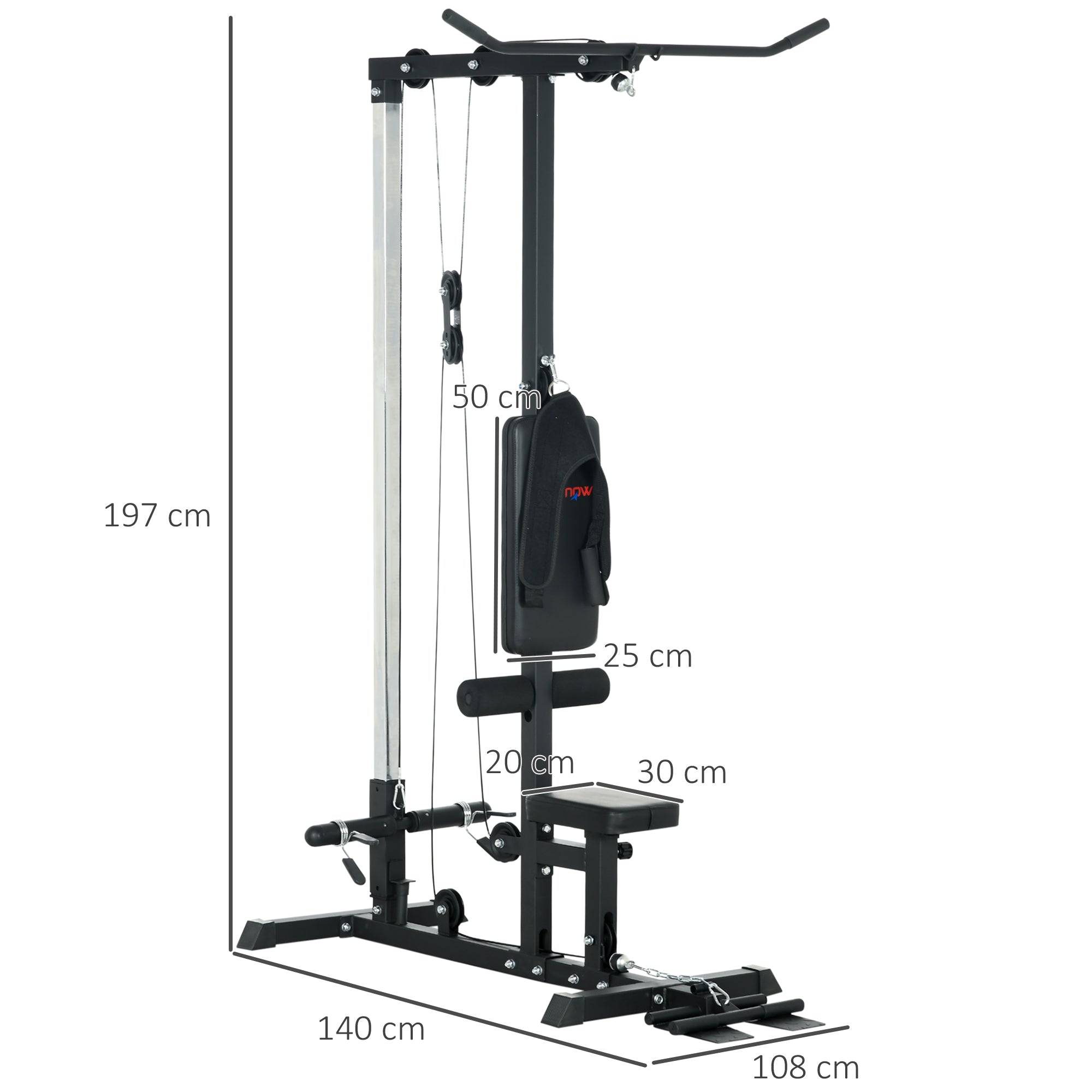 Pull Up Station with Adjustable Seat, Power Tower for Chin up  and Lat Pulldown Exercises, Multi-Function Fitness Equipment with Flip-Up Footplate, for Home Gym in Black by SPORTNOW