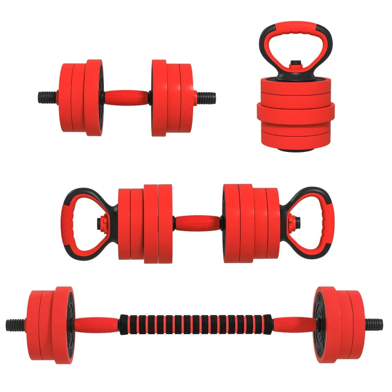SPORTNOW 20kg Four-In-One Adjustable Weight Dumbbells Set, Barbell, Kettlebell, Push Up Stand in Red